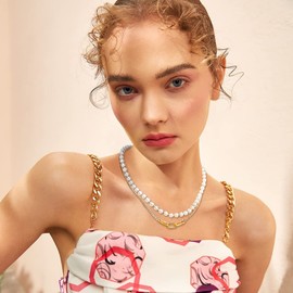 Pearl Necklace for Women Pearl Necklaces Gold Cable Necklace Chain Silver Pendant Necklace Alloy Necklace Pearl Choker Multi-Layer Necklaces Lobster Claw Clasp Jewelry for Women Girl Brides (Gold)