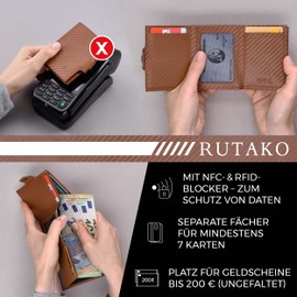 RUTAKO Slim Wallet with Coin Compartment, Mini Wallet for Men and Women, Credit Card Holder, Small Wallet, Carbon Cognac, With XL coin compartment