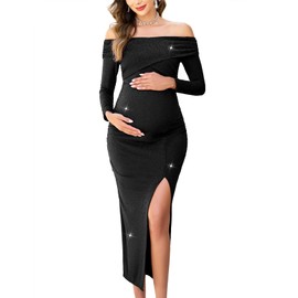 AISWI Off Shoulder Maternity Sparkly Split Dress Long Sleeve Fitted Pregnancy Dresses Semi Formal Baby Shower Photoshoot, Black, Medium