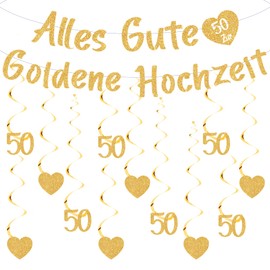 Goldene Hochzeit Deko Girlande Set - 50 Hochzeitstag Dekoration Banner und Hängende Wirbel Zahl 50, Gold Spiralen Hängedeko Garland für 50. Jubiläum Partydeko