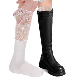 HaiFafafaing Women's Lace Knee High Socks Long Y2k White Lace Top Lolita Boot Stockings For Women