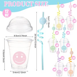 Yaomiao 36 Set Smile Face Sipper Cups with Straws and Lids, 12 oz Clear Plastic Cups Happy Face Party Cups with Lids for Happy Birthday Party Bachelorette Baby Shower (Color Style)