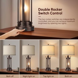 QiMH Farmhouse Table Lamps Set of 2 for Living Room, Beside Lamps for Bedroom with USB A+C Charging Ports, Rustic Nightstand Lamp with Frosted Glass Night Light, 4 Bulbs Included (Oil Rubbed Bronze)