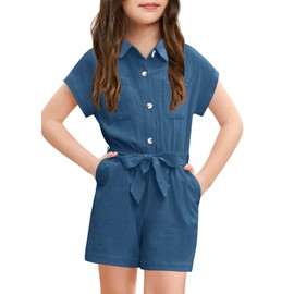 Haloumoning Cute Jumpsuit for Girls Summer Children's Jumpsuit Button Down with Belt Kids Short Romper with Pockets, blue