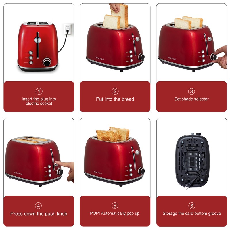 Roter Mond 2 Slice Toaster Retro Stainless Steel with Bagel,