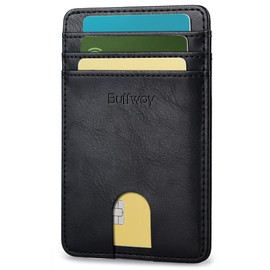 Buffway Mens Slim Wallet, Minimalist Thin Front Pocket Leather Credit Card Holder with RFID Blocking for Work Travel - Slate Black