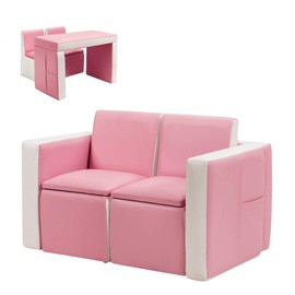Costzon Kids Couch, 2 in 1 Double Seat Children's Sofa Convert to Table and Two Chairs for School, Storage Space, PVC Surface, Large Soft Kids Preschool Sofa Couch for Boys Girls Gifts (Pink)
