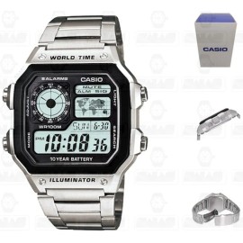 Reloj Casio Ae1200 Metal Mapa Mundial Full Correa Plateado Bisel Plateado Fondo Negro