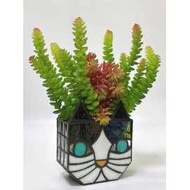 Entlityful Tiffany Cute Cat Stained Glass Flower Pots,Indoor and Outdoor Plant Displays,Cat Plant Planter,Candle Holder Container Decoration 4.6 x 5.15 x 2.3 inch(Without Succulents)