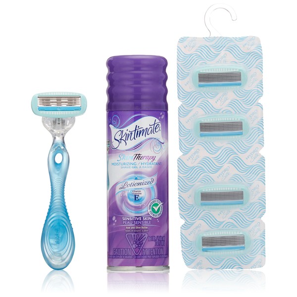 Schick Hydro Silk Shaving Starter Gift Set for Women with Shower Ready Razor Refill Blades and Skintimate Skin Therapy Shave Gel for Sensitive Skin