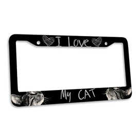 Cats License Plate Frame 2 Pack Black White Cute I Love My Cat License Plate Car Plate Holder Universal Accessories License Plate Aluminum Car Tag Frames for Women Men US Vehicles