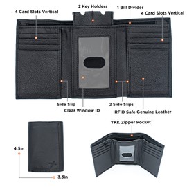RFID Safe Men's Trifold Leather Wallet J130 Thumb ID Key Holder YKK Zip Bill Slot in Gift pouch (Black J130TF)