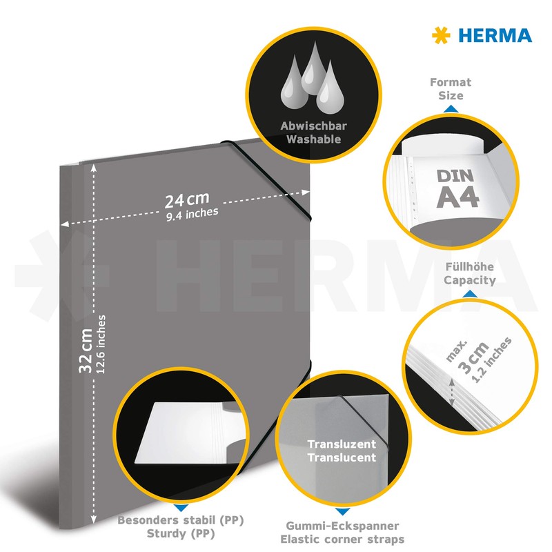 HERMA 19502 Portfolio Folder DIN A4 Translucent Yellow, Sturdy Plastic,
