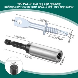 100 Pcs 2" Eye Lag Self Tapping Drilling Point Screw Zinc and 1pcs 2-5/8" Driver, Sturdy Eye Lag Self Drill Screw for Accommodates Jack Chain Ceiling Wire or Threaded Rod