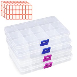 KYYGKY Pack of 4 Clear Sorting Boxes with 96 Labels 15 Beads Storage Box Stackable Plastic Sorting Box Compartments Small Sorting Box Adjustable Assortment Box for Jewellery Earrings Small Parts
