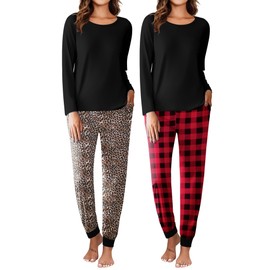 Ekouaer 2 Pack Womens Pajamas Set Long Sleeve Sleepwear Top and Jogger Pants Lounge Sets Cozy Pjs Loungewear,Small