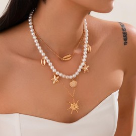 Sea Shell Necklace for Women Starfish Pearl Charms Puka Necklaces Summer Beach Boho Necklace Shell Surfer Beach Jewelry