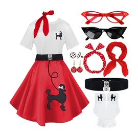 VillbeCoser 10Pcs Sock Hop Outfits Costume Women, 1950s Poodle Skirts, Poodle T-Shirt with 50s Accessories Set Scarf Headband Belt Socks Eyeglasses Earrings (Red-L)
