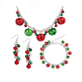 Silver Red Green Christmas Jingle Bell Cute Ornament Long Chain Dangle Earrings Bracelets Necklaces for Women Hook Stocking Stuffers Hypoallergenic Party Jewelry Gifts for Daughter BFF Set