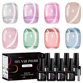 MEET ACROSS 9PCS Aurora Cat Eye Gel Nail Polish with 1 Magnet, 8 Colors Crystal Gel Polish Jelly Pink Sky Blue Nail Art Manicure Kit Salon DIY Home