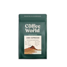 Coffee World, 1984 Espresso Blend, Roasted in Cambridge, Whole Coffee Beans, Retail Bag (250g)
