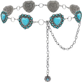 Xiokyo Turquoise Belt Silver Western Chain Belt Cowgirl Concho Belts for Women