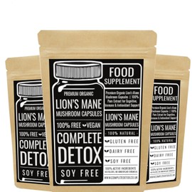 Premium Organic Lion's Mane Mushroom 120 Capsules, 100% Pure Extract for Cognitive, Immune & Antioxidant Support, 100% Free Vegan, Complete Detox, Gluten Free, Dairy Free, Soy Free