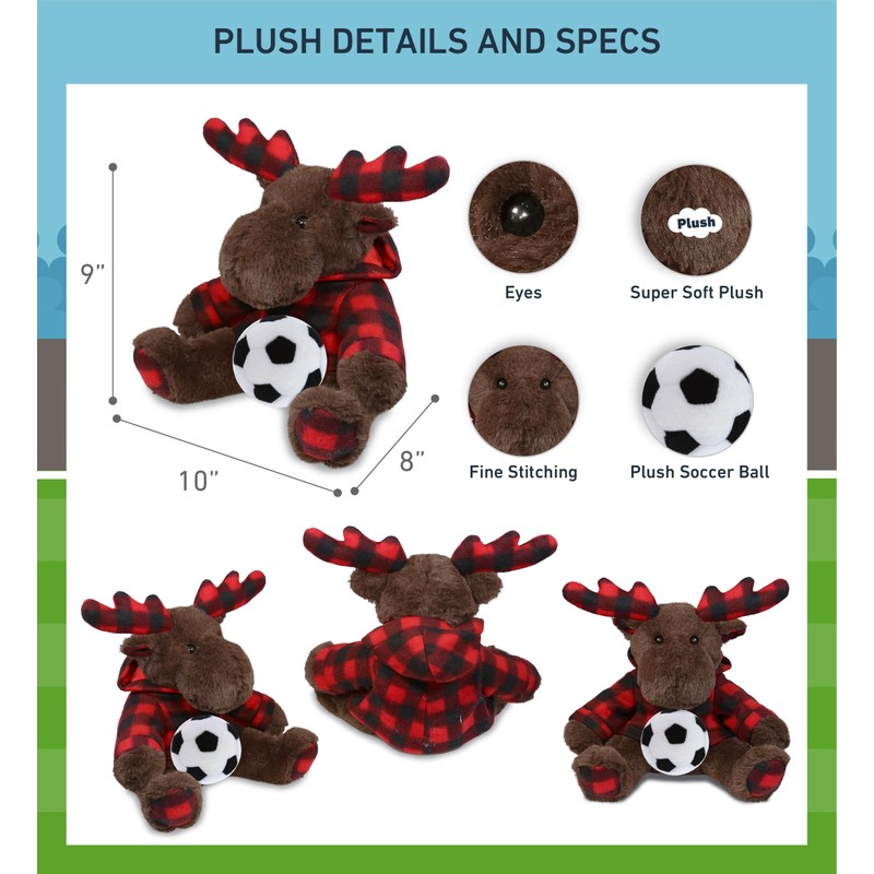 DolliBu Plaid Brown Moose with Hoodie Stuffed Animal with Soccer
