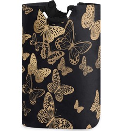 visesunny Large Capacity Laundry Hamper Basket Black Gold Butterfly Water-Resistant Oxford Cloth Storage Baskets for Bedroom, Bathroom, Dorm, Kids Room