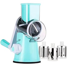 Rotary Cheese Grater, Tabletop Drum Grater, Multi Vegetable, Fruit, and Cheese Slicer Cutter Shredder, 3 Interchangeable Drum Blades, Kitchen Gadget, Blue