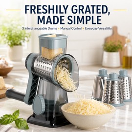 3-in-1 Manual Rotary Cheese Grater, Blue Countertop Vegetable Slicer and Shredder with Stainless Steel Drum Blades