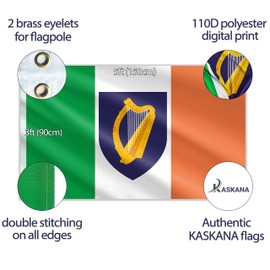 Irish Flag - Ireland Flag with Crest Harp - Tri-Colour Flag - Double Sided Digital Print - 110 Denier Thick Polyester - Double Stitching - 2 Brass Grommets Large 5ft x 3ft