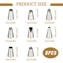 Set of 8 piping nozzles, large set made of stainless steel, professional nozzle set with numbers, piping nozzles for piping bags, cupcakes, cakes, churros, muffins (1A/1M/2D/2F/580/R6/108E/6B)