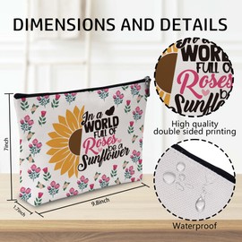 Wybgno In a World Full of Roses Be a Sunflower Makeup Bag, Motivational Quote Silky Lining Cosmetic Pouch, Inspirational Gift for Women Girls