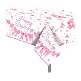 CC HOME 1Pc Pink Bow Party Plastic Tablecloth 54 x 87 Inch Long Table Cover, Bowknot Cherry Party Tablecover for Pink Bow Happy Birthday Theme Kids Baby Shower Birthday Dinner Picnic Kitchen Event