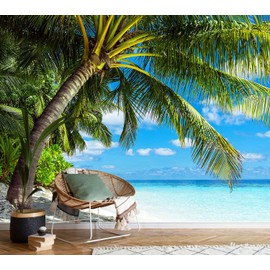 AFZEVEB-Tropical Beach Wallpaper Landscape Palm Tree Wall murals for Bedroom 136"x96"(Not Peel and Stick)