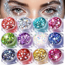 Gel de Purpurina para Cuerpo y Rostro,Maquillaje en Gel con Purpurina,Set de Brillo Lentejuela con Efecto Sirena para Maquillaje de Labios para Cabello,Ojos,para Decoración Corporal,12 Colores