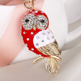 Ever Faith Women's Austrian Crystal Enamel Lovely Owl Bird Animal Keychain Red Gold-Tone