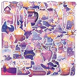 Purple Magic Stickers, 50PCS Cute Cartoon Witch Stickers for Diary Phone Skateboard Guitar, Waterproof Vinyl Magic Potions Decals for Boys Girls