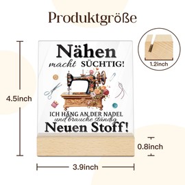 Putuo Decor Acrylic Sign with Wooden Base – "Nähmacht süchtig" Saying Sign – Decoration for Sewing Room, Tailor's Studio and Hobby Room