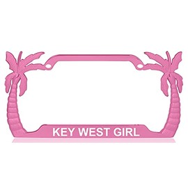 Custom Brother - Key WEST Girl Palm Tree Design Pink Metal License Plate Auto Tag Frame, D62