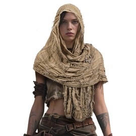 Dune Wasteland Hooded Shawl Medieval Renaissance Hooded Scarf Post Apocalyptic Cowl Cloak with Viking Brooch