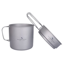 iBasingo Camping Titanium Pot Pan Set Lightweight Cookware Outdoor 1100ml Cup & 300ml Plate Set Picnic Hiking Bowl Dish with Folding Handles Backpacking Small Mess Kit Tableware for 1 Person Ti2053C