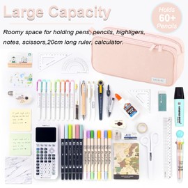 Large Capacity Pencil Case, Pen Pencil Organizer 2 Comparments with 5-Slot Quick Access, Multi-Functional Aesthetic Pencil Pouch for Office Middle High School Stationery Supplies College (Pink)