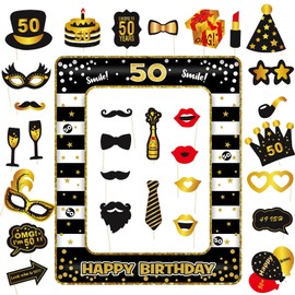 SPOKKI Pack of 30 Photo Booths, Photo Props, Birthday Set, Gadgets for Adults, Birthday Party Accessories with 1 Inflatable Frame for Selfies (50 Years)