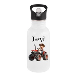 Personalisierte Trinkflasche Kinder Edelstahl [ 400ml ] - Robuste Trinkflasche mit Namen und Feuerwehr, Polizei oder Traktor - Wasserflasche mit Trinkhalm (Traktor)
