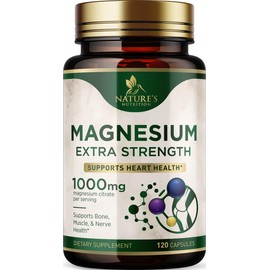 Nature's Nutrition Suplemento mineral de magnesio 1000 mg - Citrato de magnesio de alta potencia para la salud de los huesos, el corazón, los nervios y los músculos, complejo de magnesio de la natura