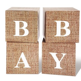 SINGOMON 4PCS Burlap Baby Boxes with Letters Netural Baby Shower Boxes Brown Baby Cube Boxes Baby Shower Party Favor Boxes Baby Shower Centerpieces for Baby Shower Decorations Gender Reveal Decorations