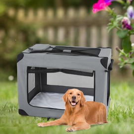 FDW 42 Inch Soft Collapsible Dog Crate 3-Door Open Dog Kennel with Mesh Window Portable Travel Pet Crate Indoor & Outdoor Pet Home, Grey
