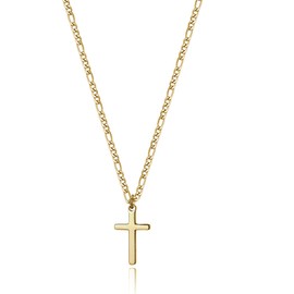 Cross Necklace for Men Polished 14K Gold Filled Stainless Steel Plain Cross Pendant Figaro Chain Necklace Simple Religious Jewelry Gift for Women 18 Inches